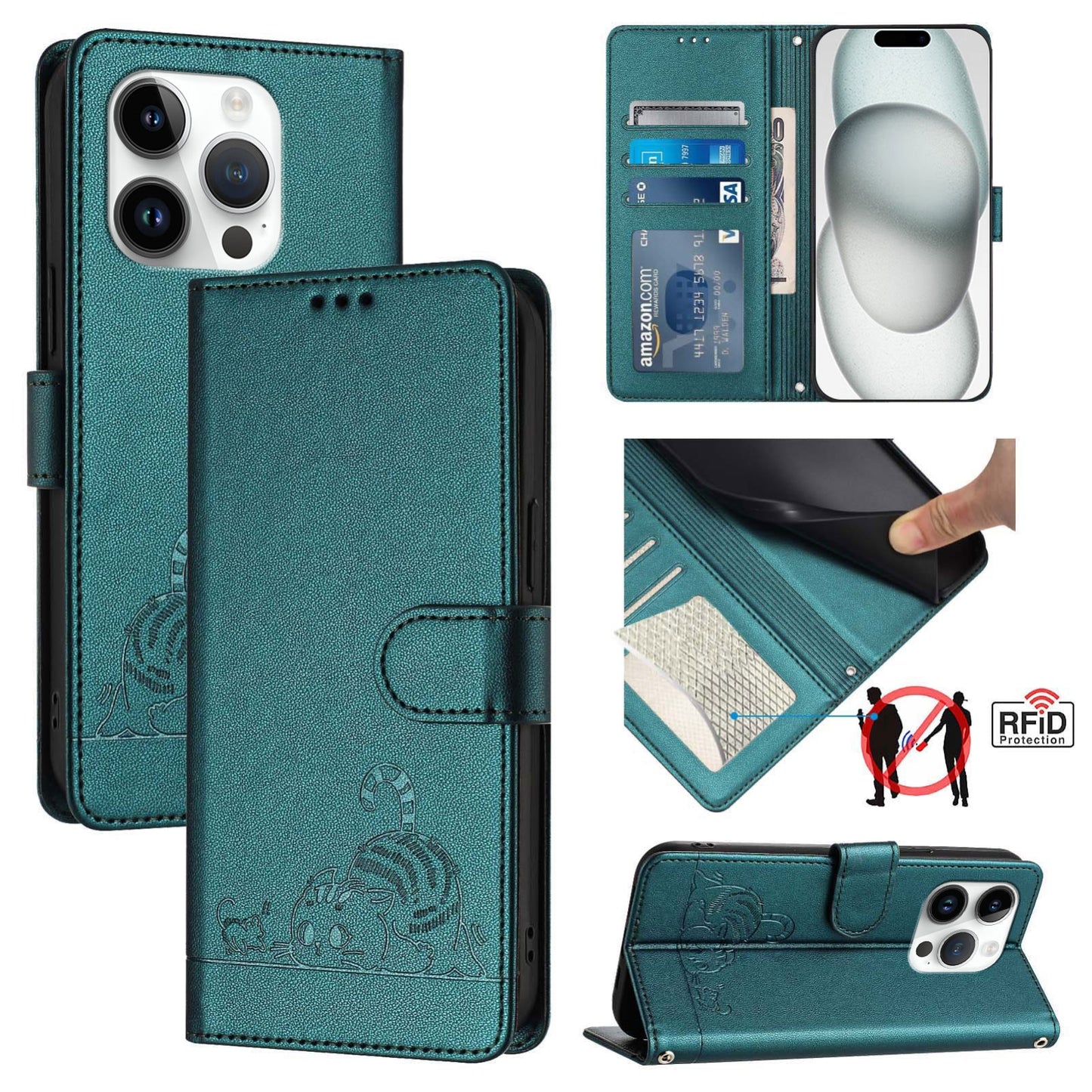 iPhone 14 Pro Cat and Rat Embossed Pattern, RFID Leather Phone Case with Lanyard, Kickstand, and Wallet Features