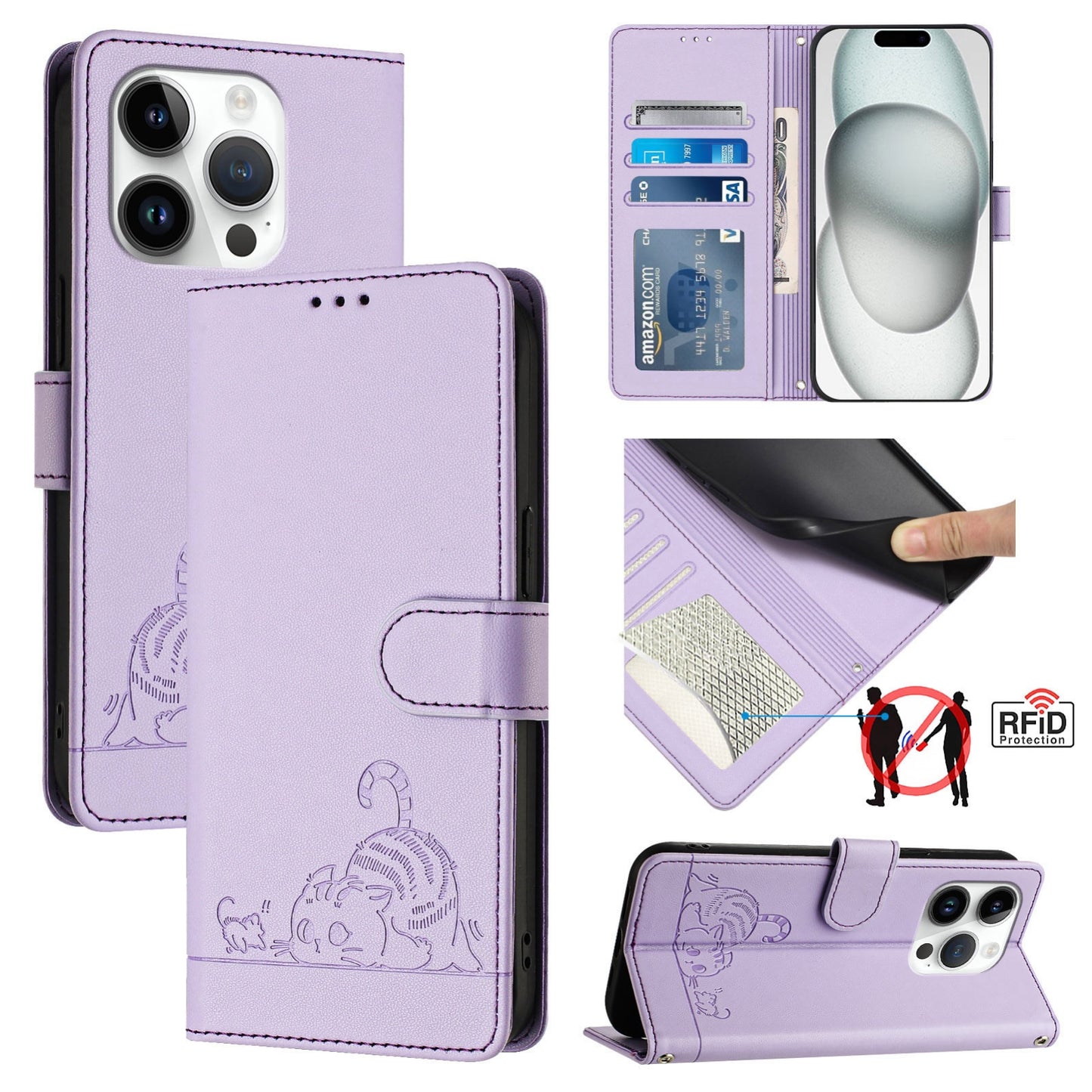 iPhone 14 Pro Cat and Rat Embossed Pattern, RFID Leather Phone Case with Lanyard, Kickstand, and Wallet Features