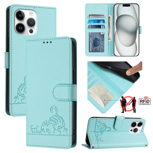 iPhone 14 Pro Max Cat and Rat Embossed Pattern, RFID Leather Phone Case with Lanyard, Kickstand, and Wallet Features