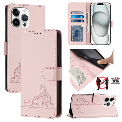 iPhone 14 Pro Max Cat and Rat Embossed Pattern, RFID Leather Phone Case with Lanyard, Kickstand, and Wallet Features