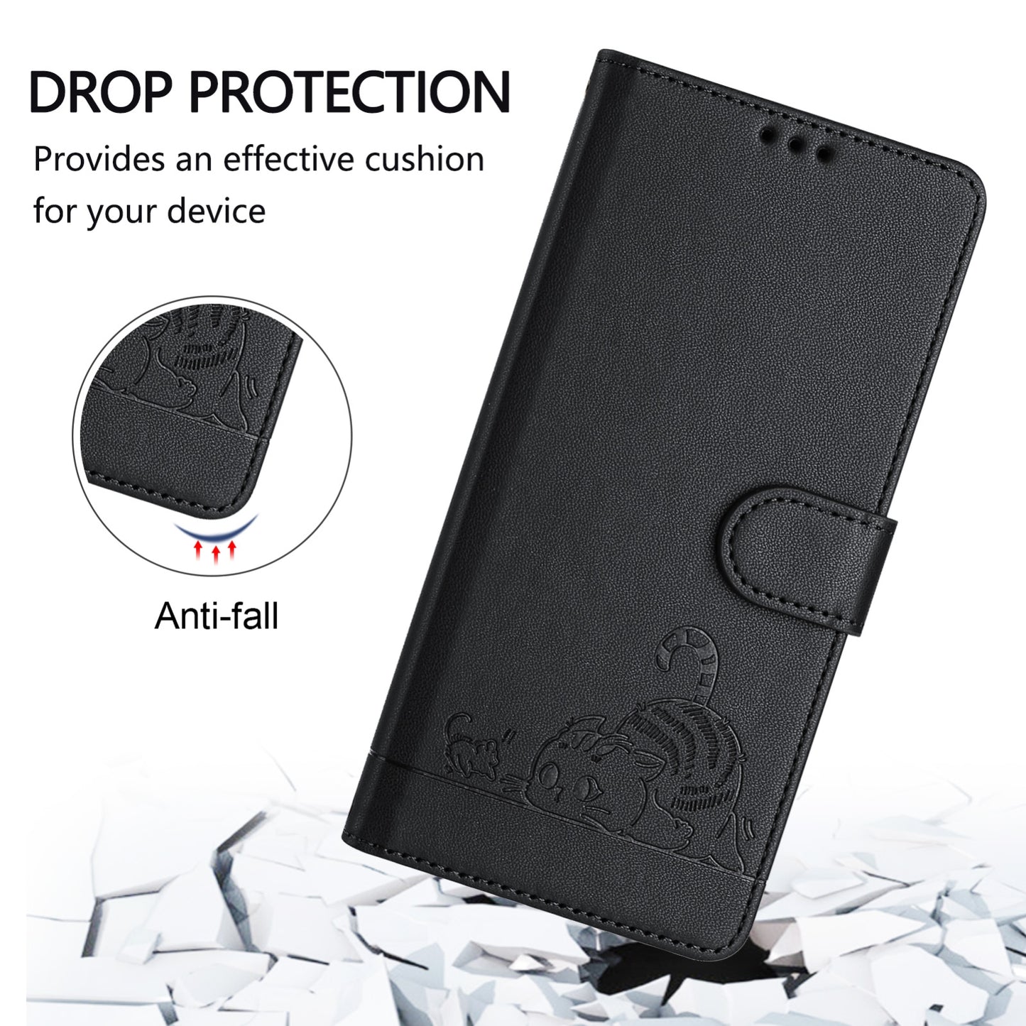 iPhone 6 Cat and Rat Embossed Pattern, RFID Leather Phone Case with Lanyard, Kickstand, and Wallet Features