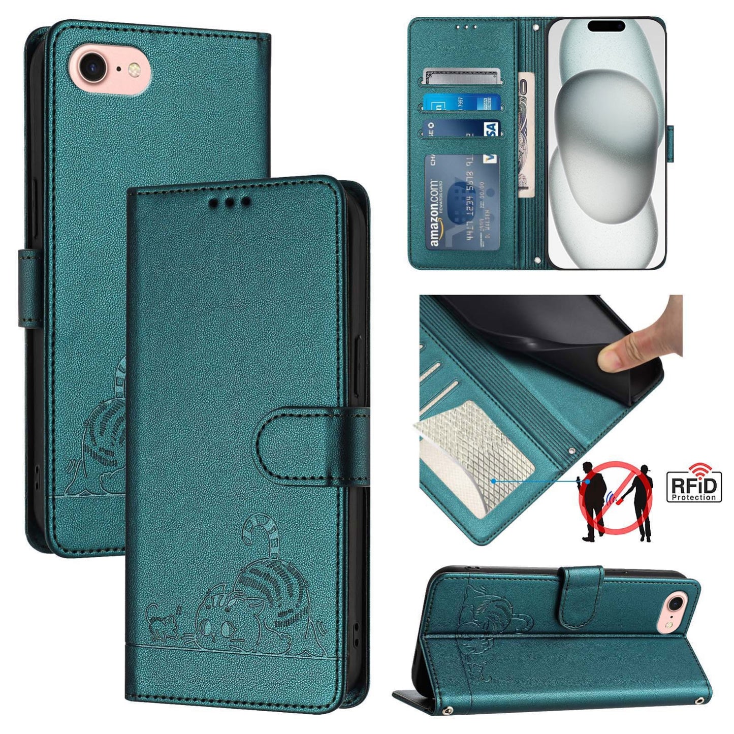 iPhone 8 Cat and Rat Embossed Pattern, RFID Leather Phone Case with Lanyard, Kickstand, and Wallet Features