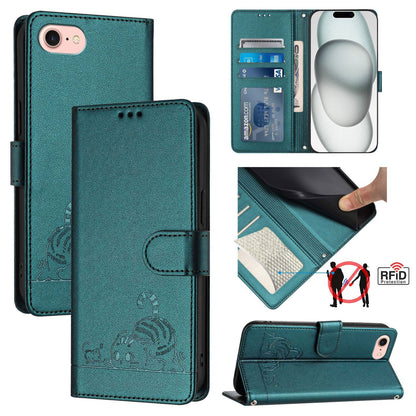 iPhone 7 Cat and Rat Embossed Pattern, RFID Leather Phone Case with Lanyard, Kickstand, and Wallet Features