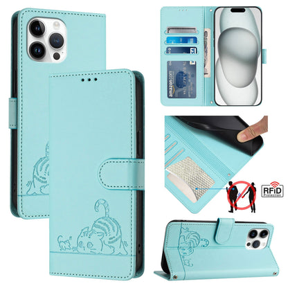 iPhone 13 Pro Max Cat and Rat Embossed Pattern, RFID Leather Phone Case with Lanyard, Kickstand, and Wallet Features