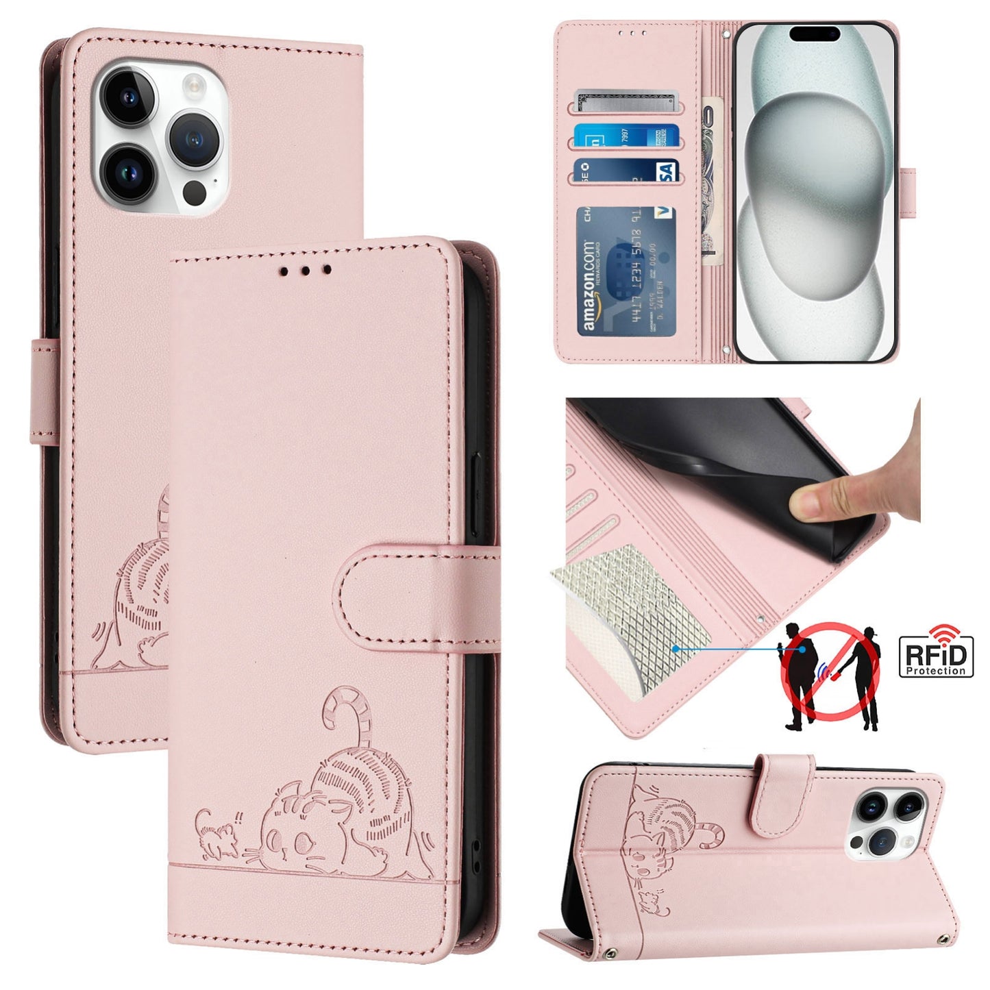 iPhone 13 Pro Max Cat and Rat Embossed Pattern, RFID Leather Phone Case with Lanyard, Kickstand, and Wallet Features