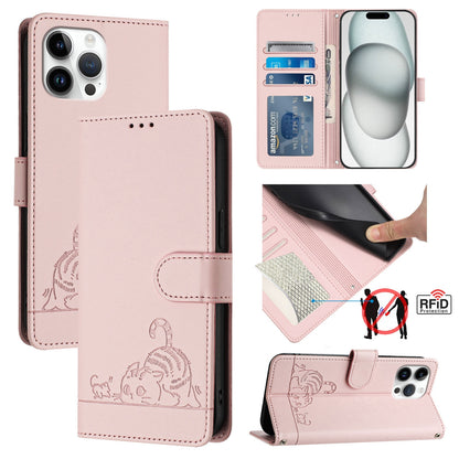 iPhone 13 Pro Max Cat and Rat Embossed Pattern, RFID Leather Phone Case with Lanyard, Kickstand, and Wallet Features