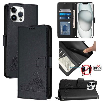 iPhone 13 Pro Max Cat and Rat Embossed Pattern, RFID Leather Phone Case with Lanyard, Kickstand, and Wallet Features