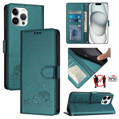 iPhone 13 Pro Max Cat and Rat Embossed Pattern, RFID Leather Phone Case with Lanyard, Kickstand, and Wallet Features