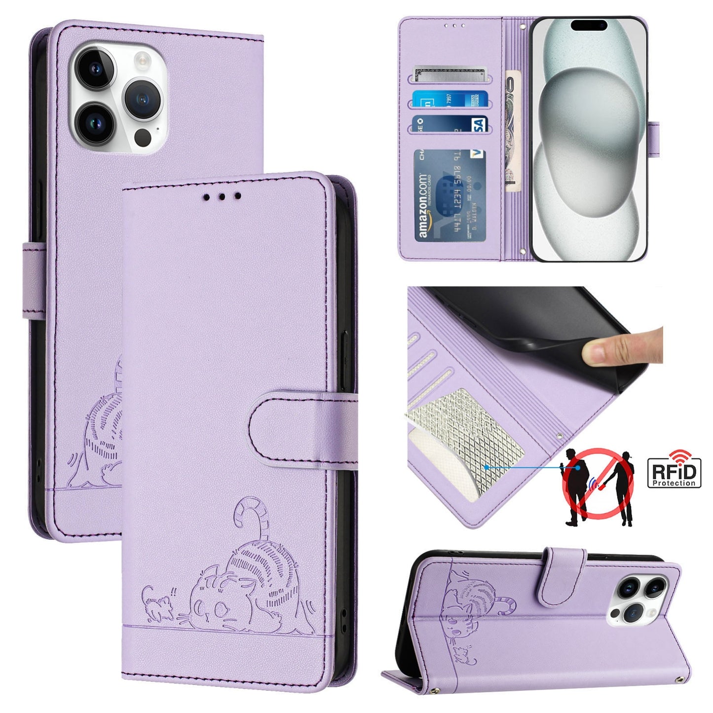 iPhone 13 Pro Max Cat and Rat Embossed Pattern, RFID Leather Phone Case with Lanyard, Kickstand, and Wallet Features