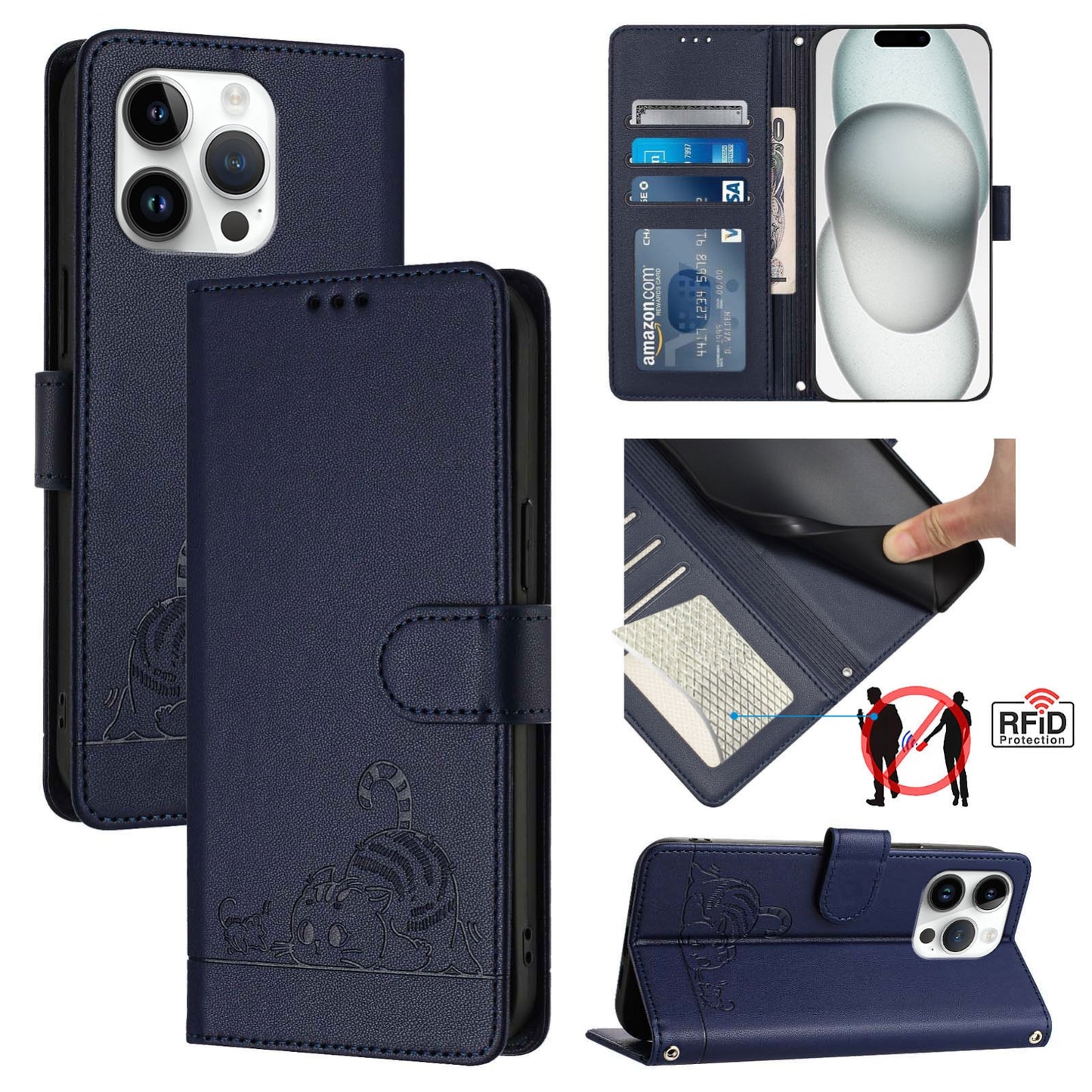 iPhone 13 Pro Cat and Rat Embossed Pattern, RFID Leather Phone Case with Lanyard, Kickstand, and Wallet Features