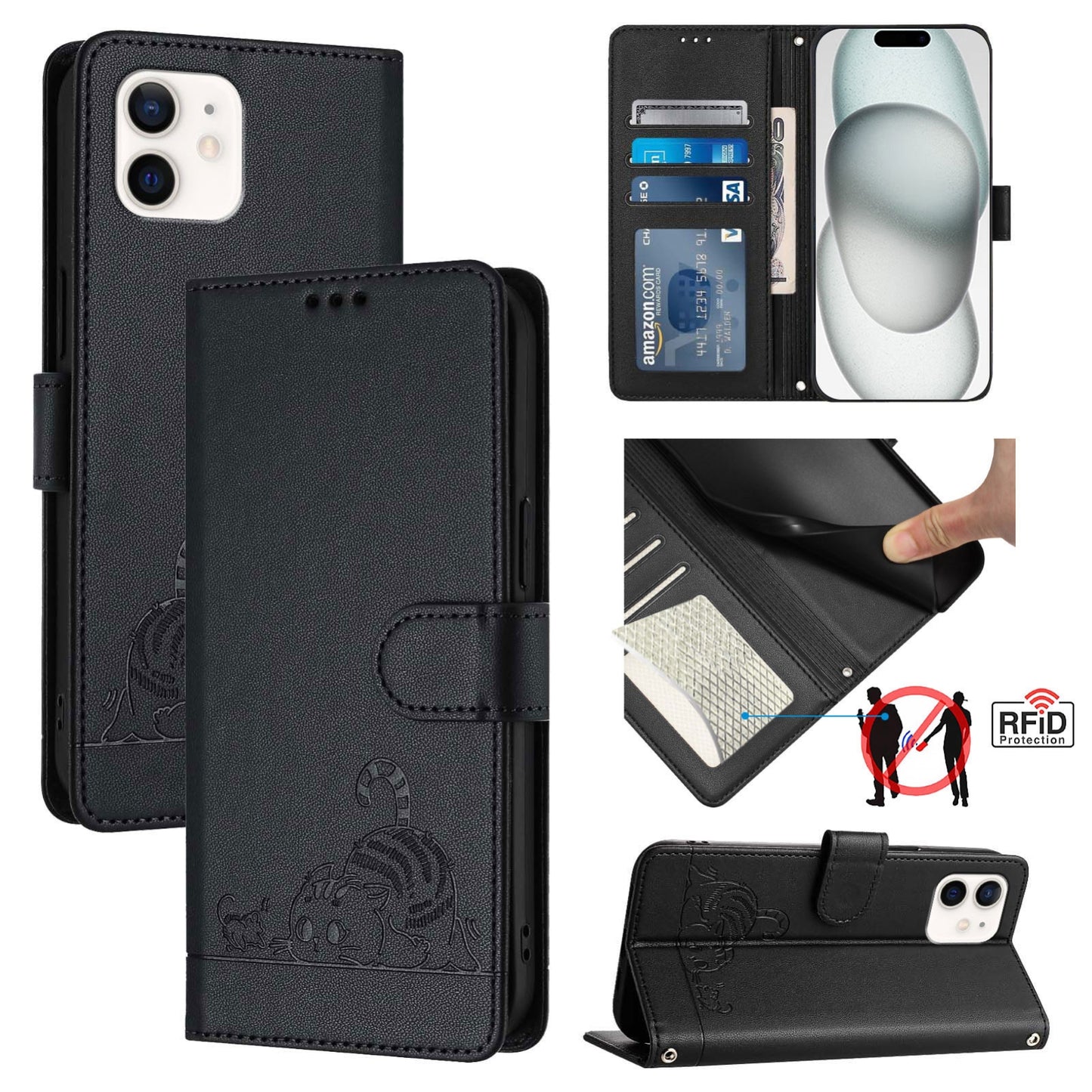 iPhone 12 Cat and Rat Embossed Pattern, RFID Leather Phone Case with Lanyard, Kickstand, and Wallet Features