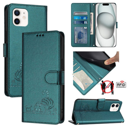 iPhone 12 Cat and Rat Embossed Pattern, RFID Leather Phone Case with Lanyard, Kickstand, and Wallet Features