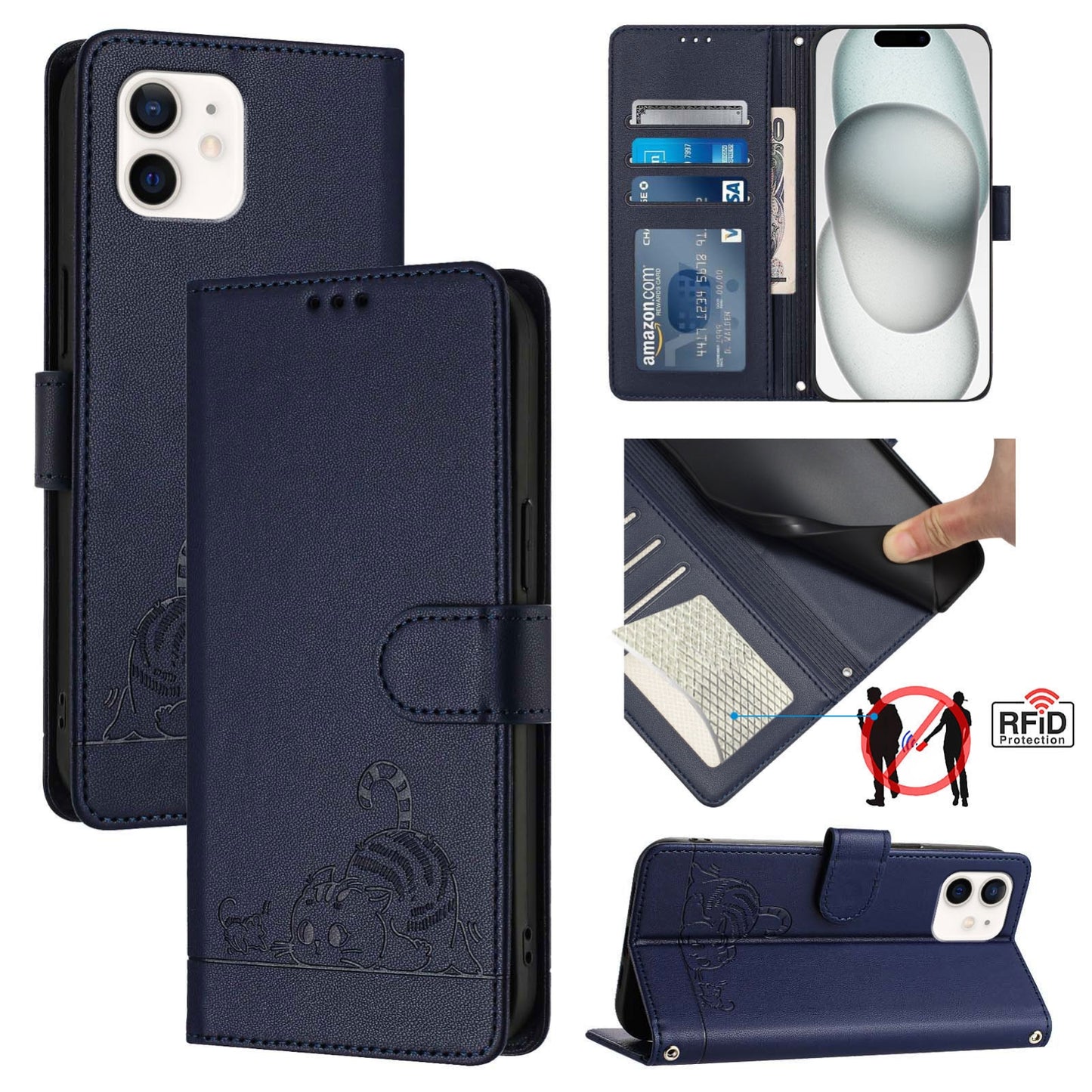 iPhone 12 Cat and Rat Embossed Pattern, RFID Leather Phone Case with Lanyard, Kickstand, and Wallet Features