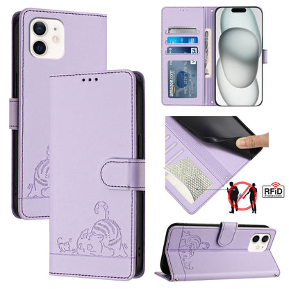 iPhone 12 Cat and Rat Embossed Pattern, RFID Leather Phone Case with Lanyard, Kickstand, and Wallet Features