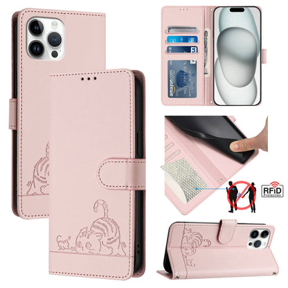 iPhone 12 Pro Max Cat and Rat Embossed Pattern, RFID Leather Phone Case with Lanyard, Kickstand, and Wallet Features