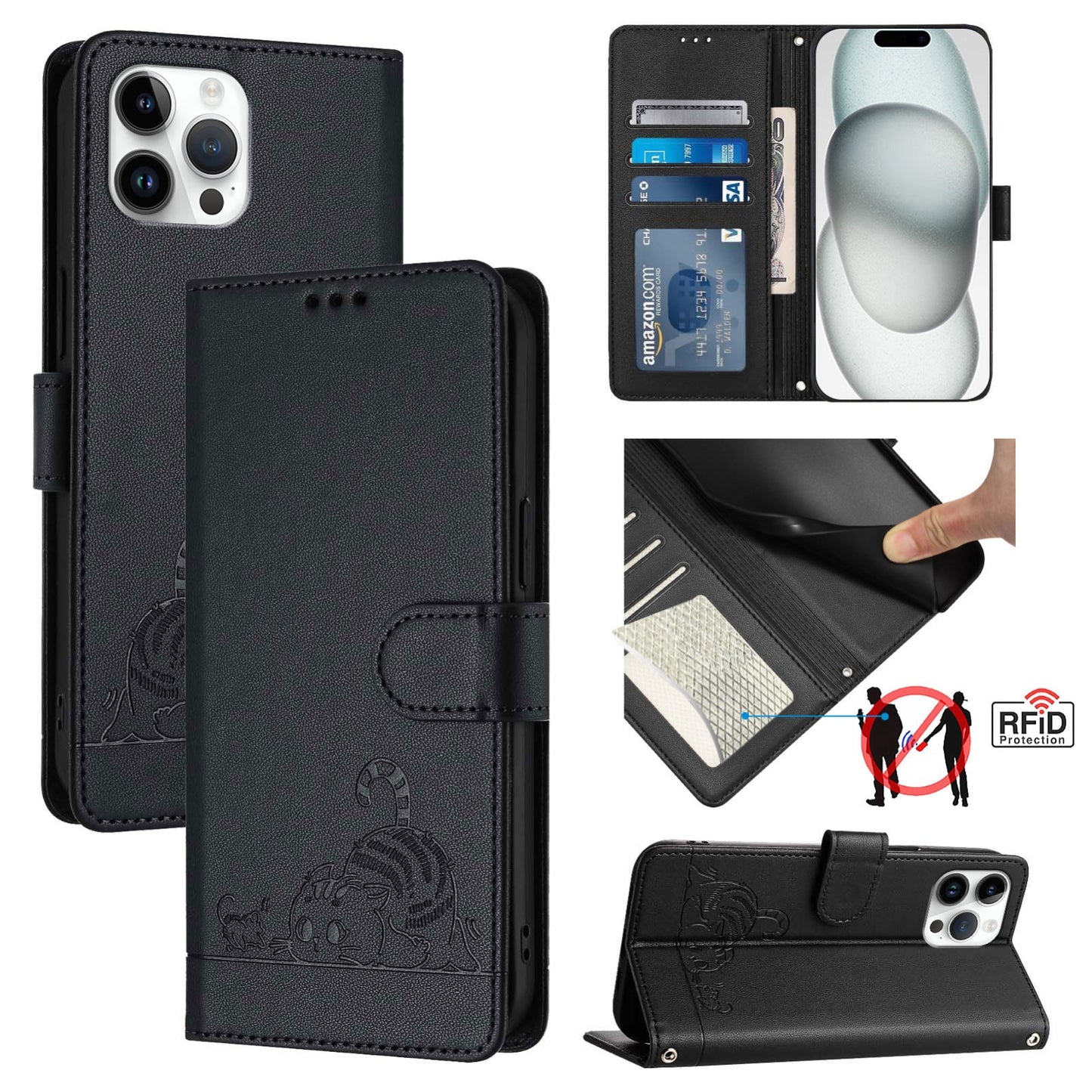 iPhone 12 Pro Max Cat and Rat Embossed Pattern, RFID Leather Phone Case with Lanyard, Kickstand, and Wallet Features