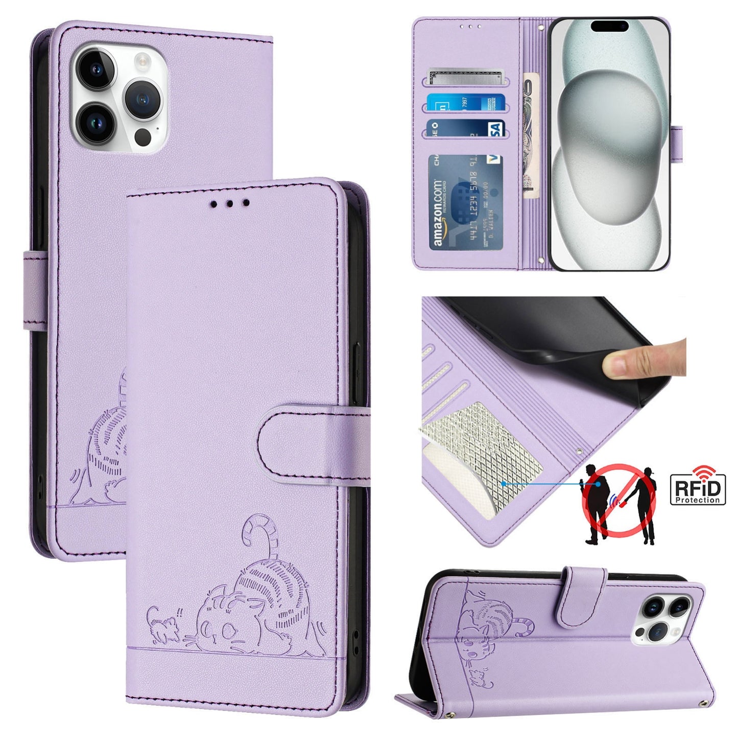 iPhone 12 Pro Max Cat and Rat Embossed Pattern, RFID Leather Phone Case with Lanyard, Kickstand, and Wallet Features