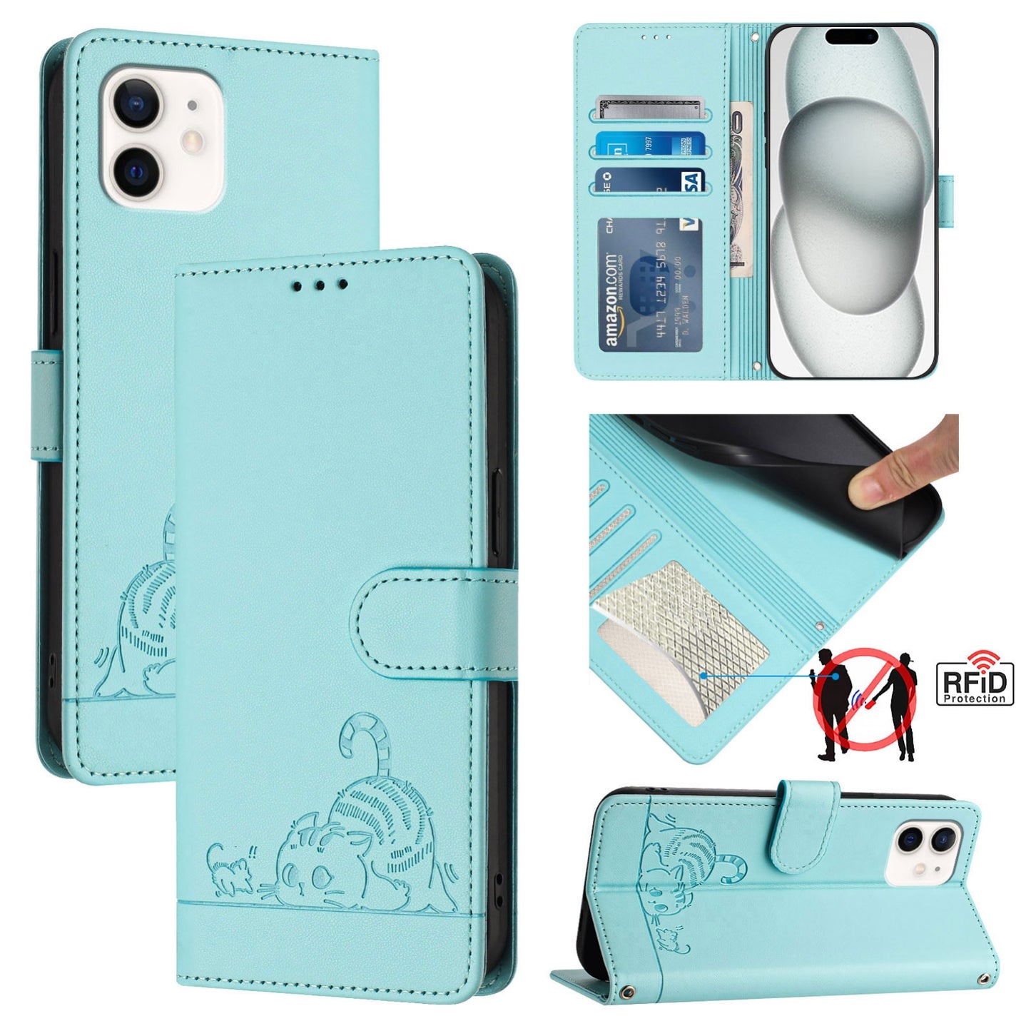 iPhone 12 mini Cat and Rat Embossed Pattern, RFID Leather Phone Case with Lanyard, Kickstand, and Wallet Features