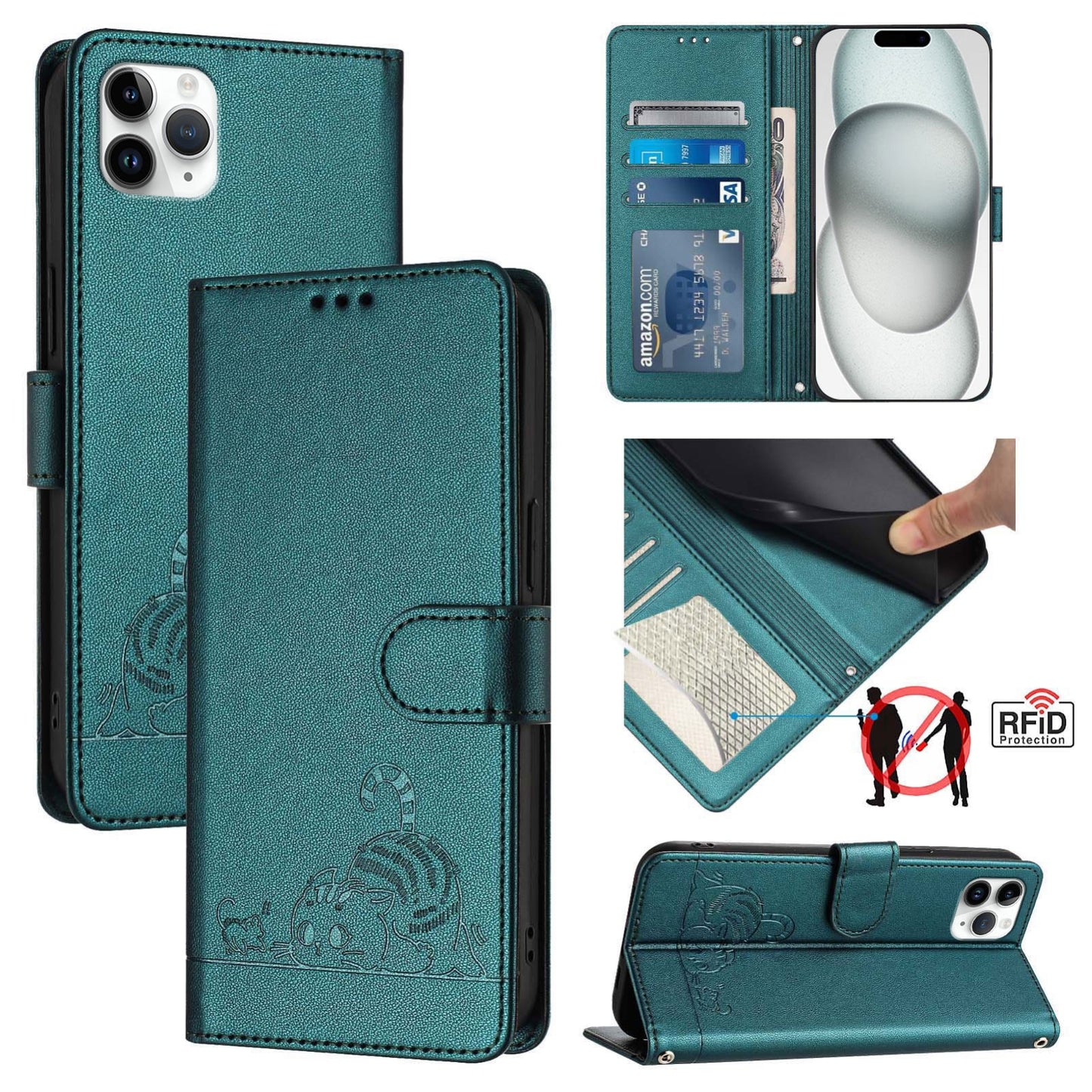 iPhone 11 Pro Max Cat and Rat Embossed Pattern, RFID Leather Phone Case with Lanyard, Kickstand, and Wallet Features