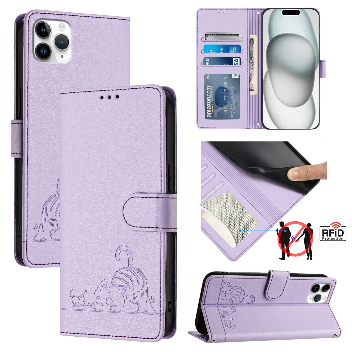 iPhone 11 Pro Max Cat and Rat Embossed Pattern, RFID Leather Phone Case with Lanyard, Kickstand, and Wallet Features