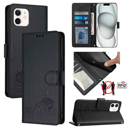 iPhone 11 Cat and Rat Embossed Pattern, RFID Leather Phone Case with Lanyard, Kickstand, and Wallet Features