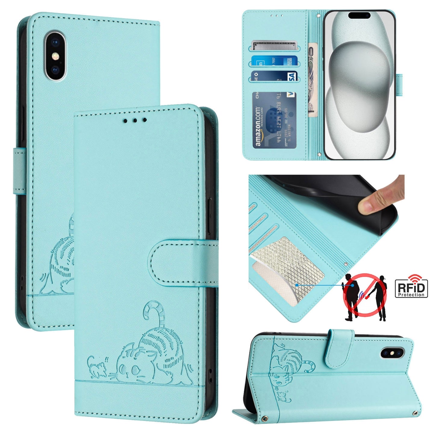 iPhone X Cat and Rat Embossed Pattern, RFID Leather Phone Case with Lanyard, Kickstand, and Wallet Features
