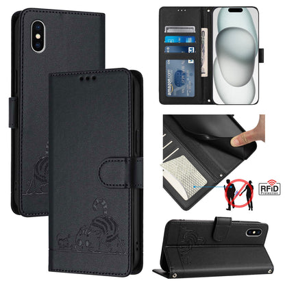 iPhone X Cat and Rat Embossed Pattern, RFID Leather Phone Case with Lanyard, Kickstand, and Wallet Features
