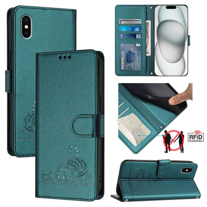 iPhone X Cat and Rat Embossed Pattern, RFID Leather Phone Case with Lanyard, Kickstand, and Wallet Features