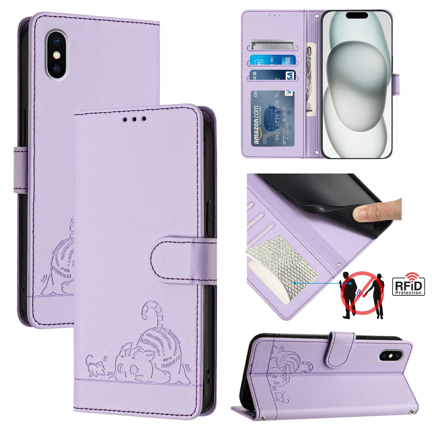 iPhone X Cat and Rat Embossed Pattern, RFID Leather Phone Case with Lanyard, Kickstand, and Wallet Features