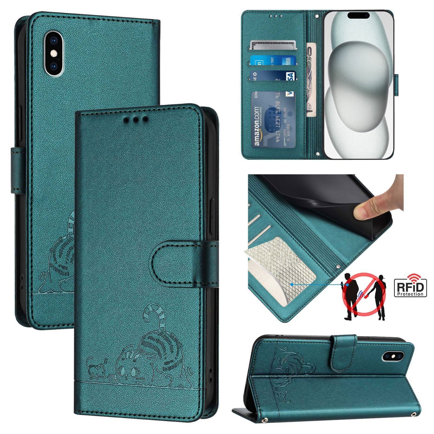 iPhone XS Max Cat and Rat Embossed Pattern, RFID Leather Phone Case with Lanyard, Kickstand, and Wallet Features