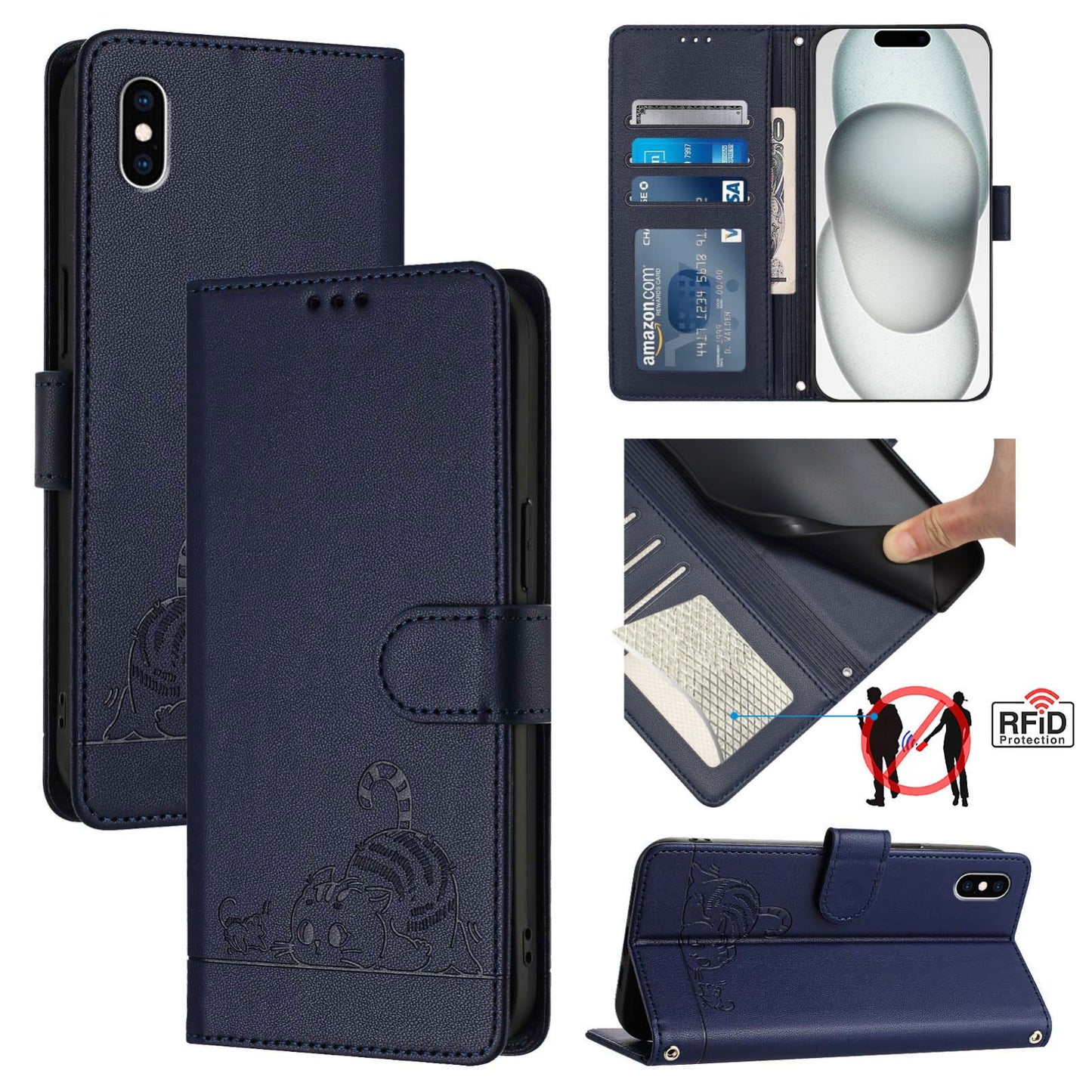iPhone XS Max Cat and Rat Embossed Pattern, RFID Leather Phone Case with Lanyard, Kickstand, and Wallet Features