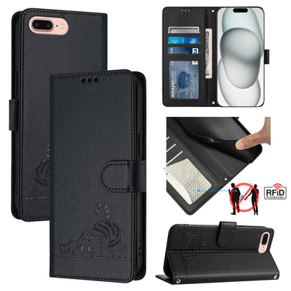 iPhone 7 Plus Cat and Rat Embossed Pattern, RFID Leather Phone Case with Lanyard, Kickstand, and Wallet Features