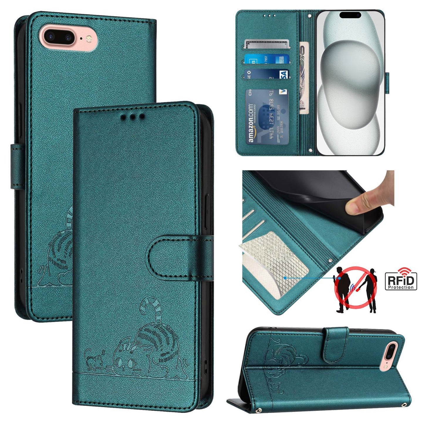 iPhone 7 Plus Cat and Rat Embossed Pattern, RFID Leather Phone Case with Lanyard, Kickstand, and Wallet Features