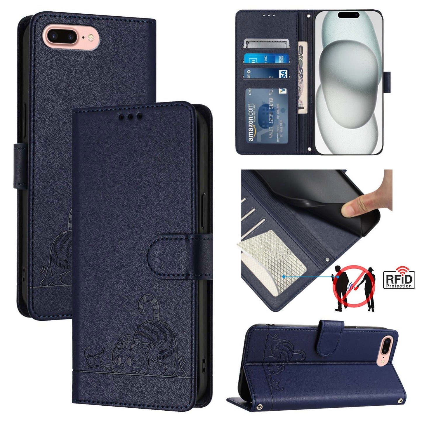 iPhone 7 Plus Cat and Rat Embossed Pattern, RFID Leather Phone Case with Lanyard, Kickstand, and Wallet Features