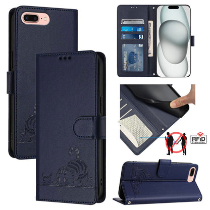 iPhone 7 Plus Cat and Rat Embossed Pattern, RFID Leather Phone Case with Lanyard, Kickstand, and Wallet Features