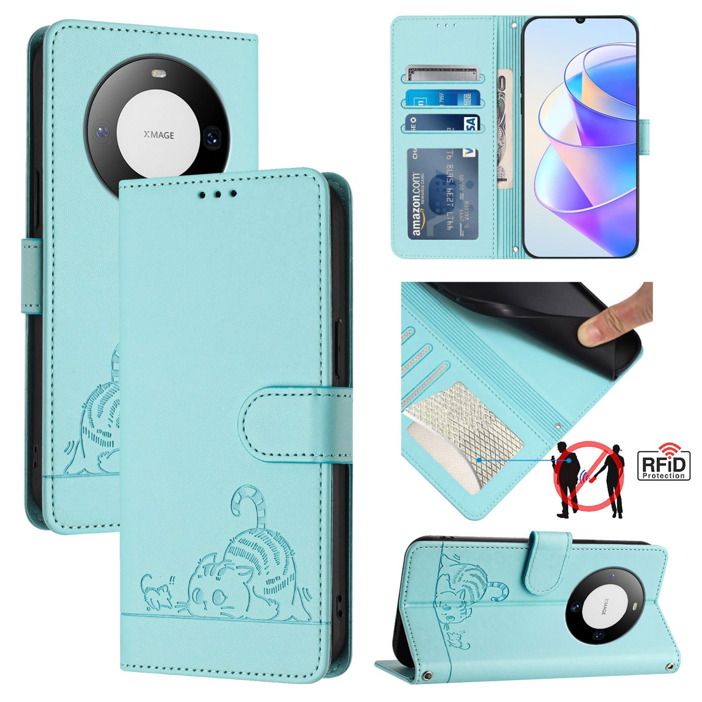 Huawei Mate 60 Cat and Rat Embossed Pattern, RFID Leather Phone Case with Lanyard, Kickstand, and Wallet Features