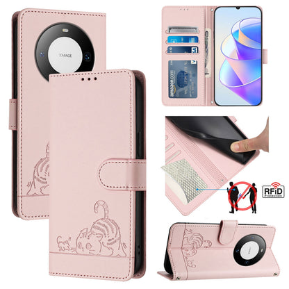 Huawei Mate 60 Cat and Rat Embossed Pattern, RFID Leather Phone Case with Lanyard, Kickstand, and Wallet Features