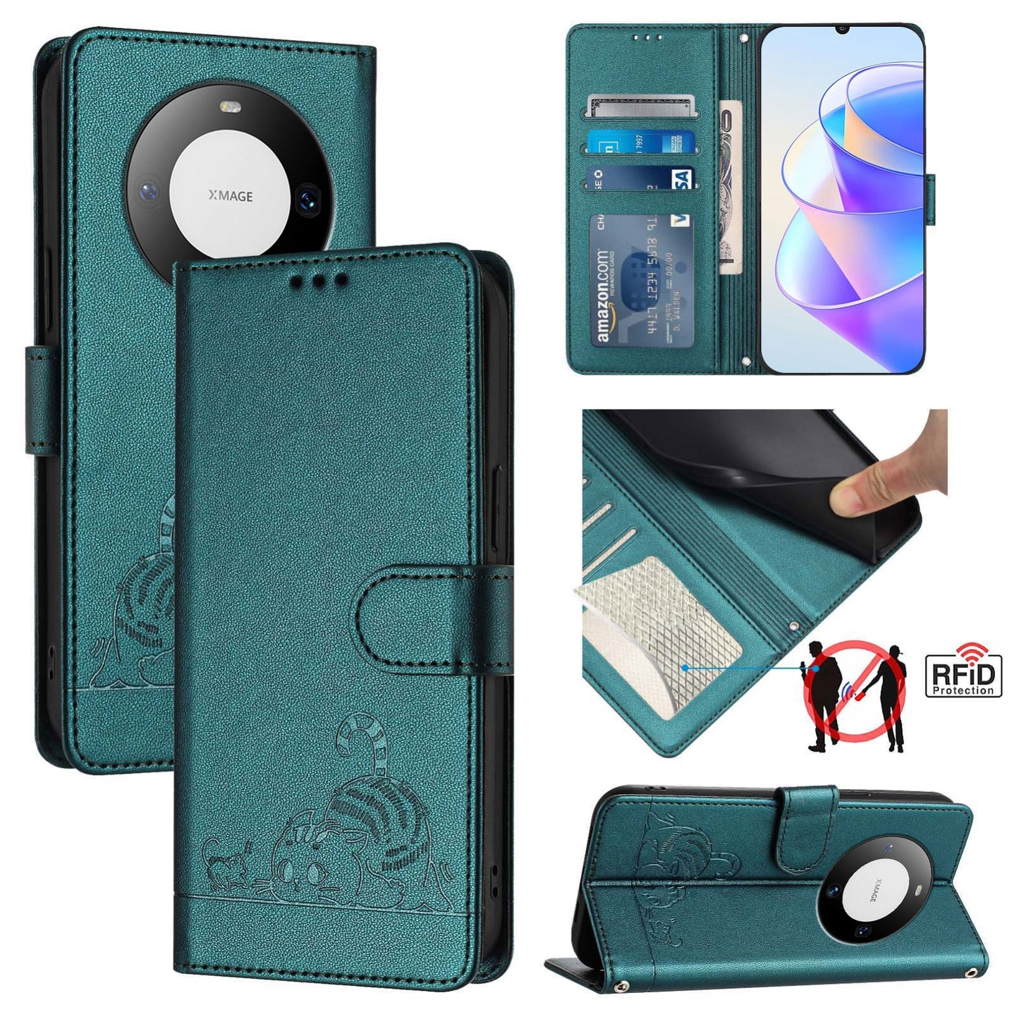 Huawei Mate 60 Cat and Rat Embossed Pattern, RFID Leather Phone Case with Lanyard, Kickstand, and Wallet Features