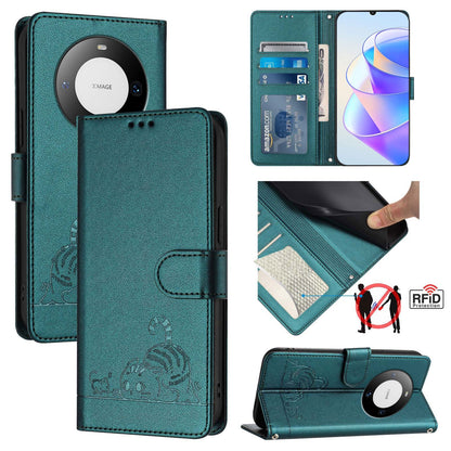 Huawei Mate 60 Cat and Rat Embossed Pattern, RFID Leather Phone Case with Lanyard, Kickstand, and Wallet Features