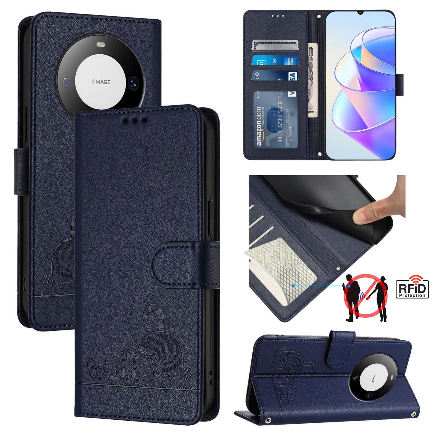 Huawei Mate 60 Cat and Rat Embossed Pattern, RFID Leather Phone Case with Lanyard, Kickstand, and Wallet Features