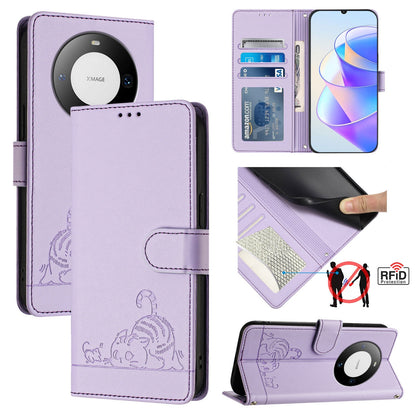 Huawei Mate 60 Cat and Rat Embossed Pattern, RFID Leather Phone Case with Lanyard, Kickstand, and Wallet Features