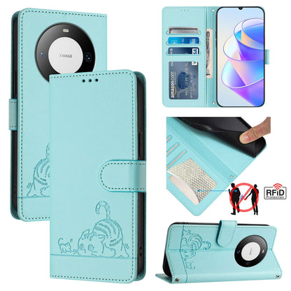 Huawei Mate 60 Pro Cat and Rat Embossed Pattern, RFID Leather Phone Case with Lanyard, Kickstand, and Wallet Features