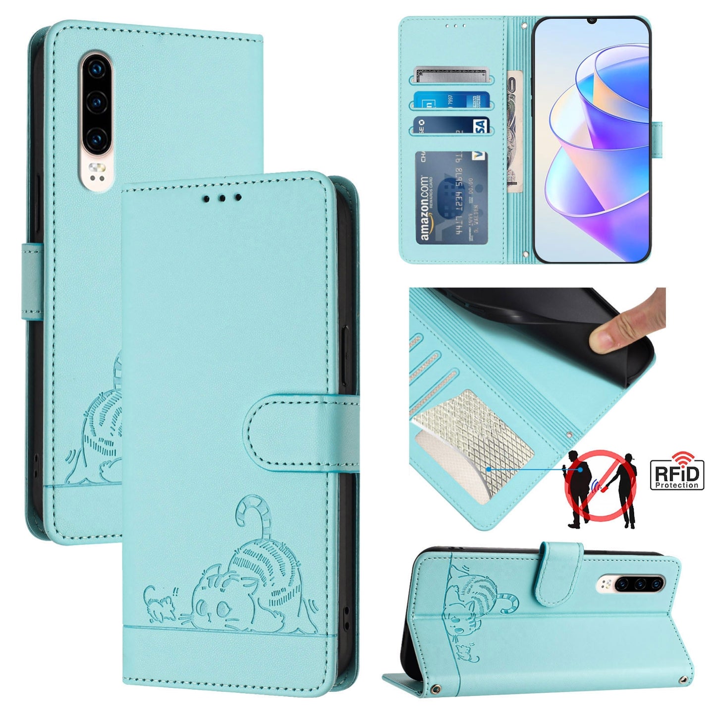 Huawei P30 Cat and Rat Embossed Pattern, RFID Leather Phone Case with Lanyard, Kickstand, and Wallet Features