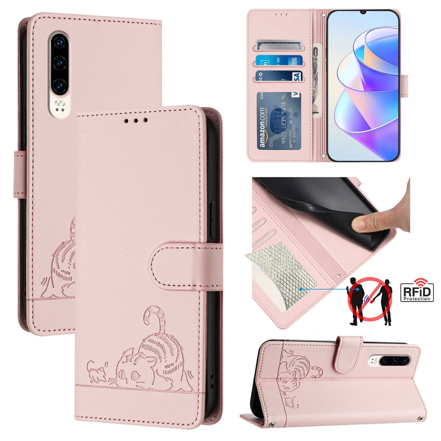 Huawei P30 Cat and Rat Embossed Pattern, RFID Leather Phone Case with Lanyard, Kickstand, and Wallet Features