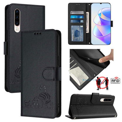 Huawei P30 Cat and Rat Embossed Pattern, RFID Leather Phone Case with Lanyard, Kickstand, and Wallet Features