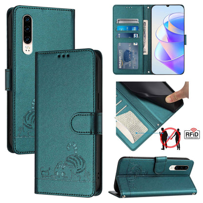 Huawei P30 Cat and Rat Embossed Pattern, RFID Leather Phone Case with Lanyard, Kickstand, and Wallet Features