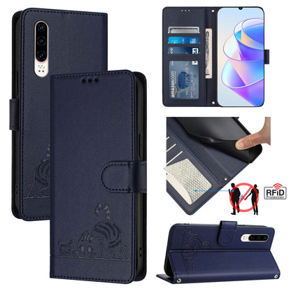 Huawei P30 Cat and Rat Embossed Pattern, RFID Leather Phone Case with Lanyard, Kickstand, and Wallet Features