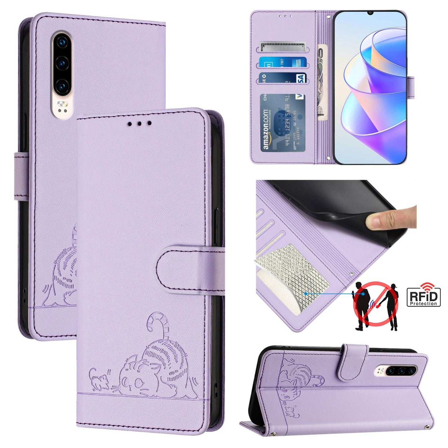 Huawei P30 Cat and Rat Embossed Pattern, RFID Leather Phone Case with Lanyard, Kickstand, and Wallet Features