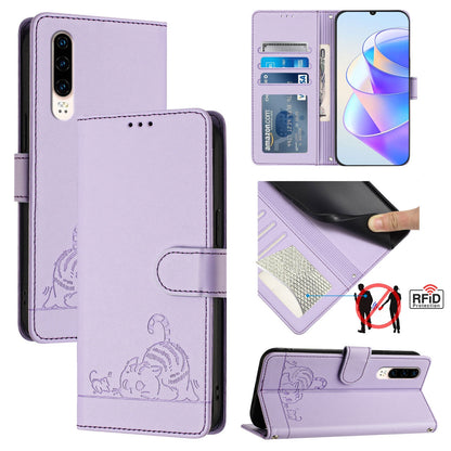 Huawei P30 Cat and Rat Embossed Pattern, RFID Leather Phone Case with Lanyard, Kickstand, and Wallet Features