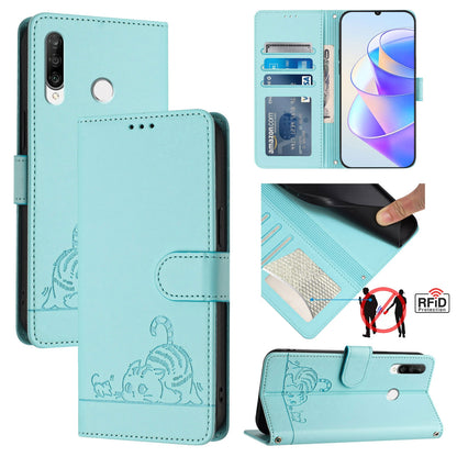 Huawei Nova 4e Cat and Rat Embossed Pattern, RFID Leather Phone Case with Lanyard, Kickstand, and Wallet Features